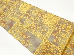 格子に華紋花唐草紋様織り出し袋帯